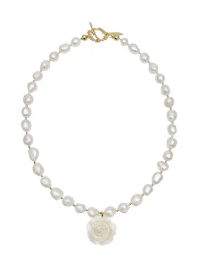 Freshwater Pearls With Rose Pendant Choker Necklace LN062