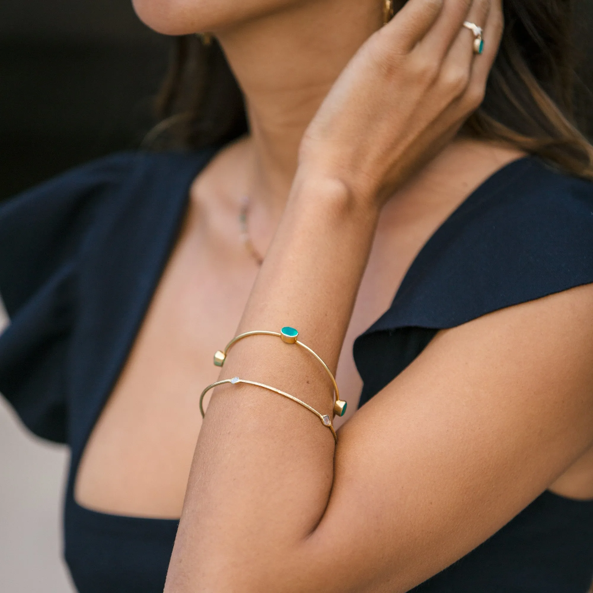 Gold Green Agate Ray Bangle