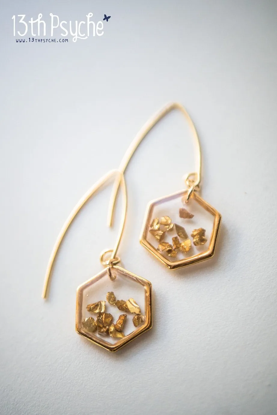 Gold honeycomb hexagon resin earrings