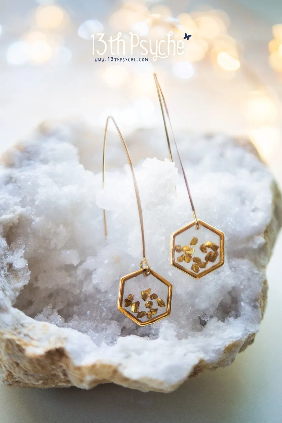 Gold honeycomb hexagon resin earrings