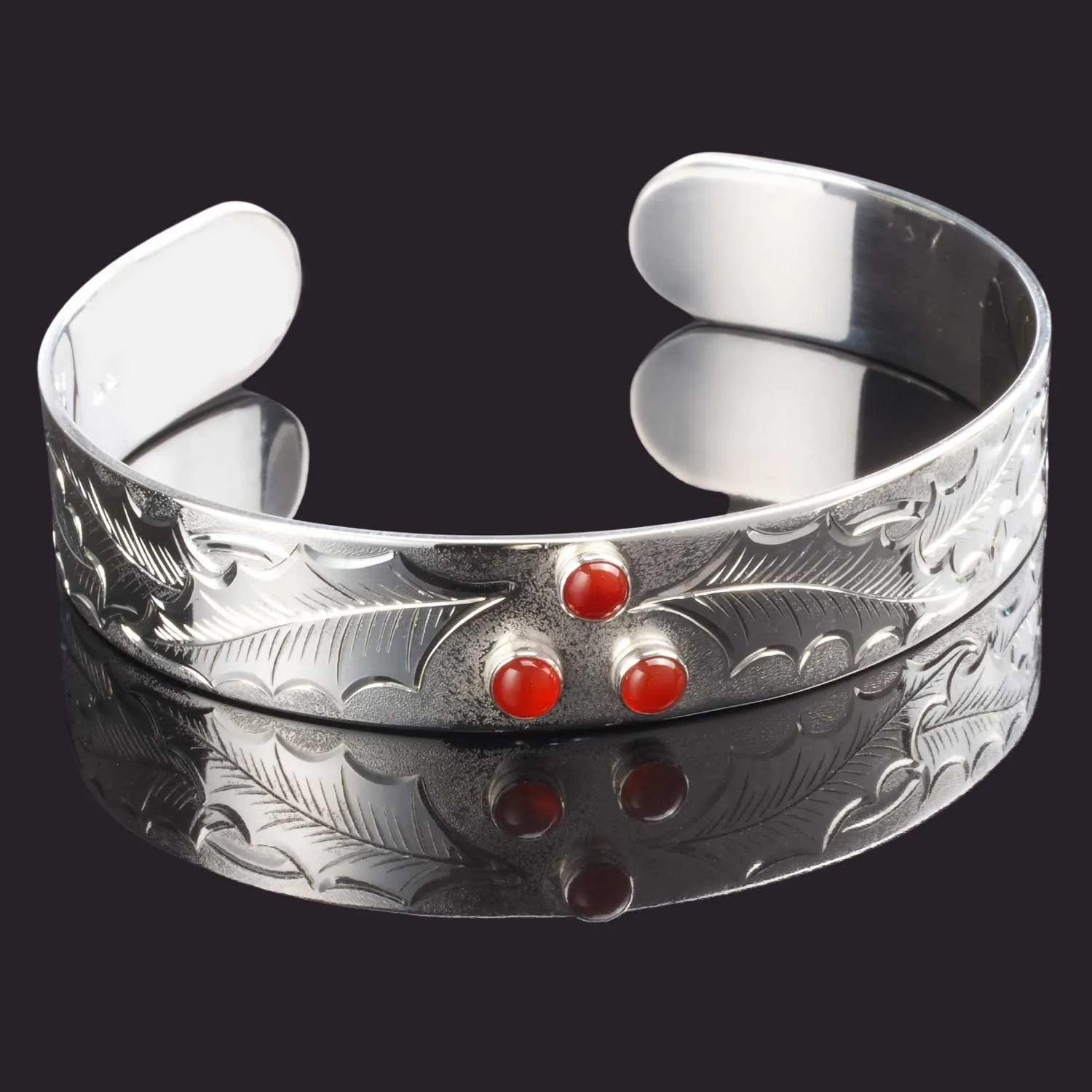 Handmade Solid Sterling Silver Holly Leaf Cornelian Cuff Bracelet