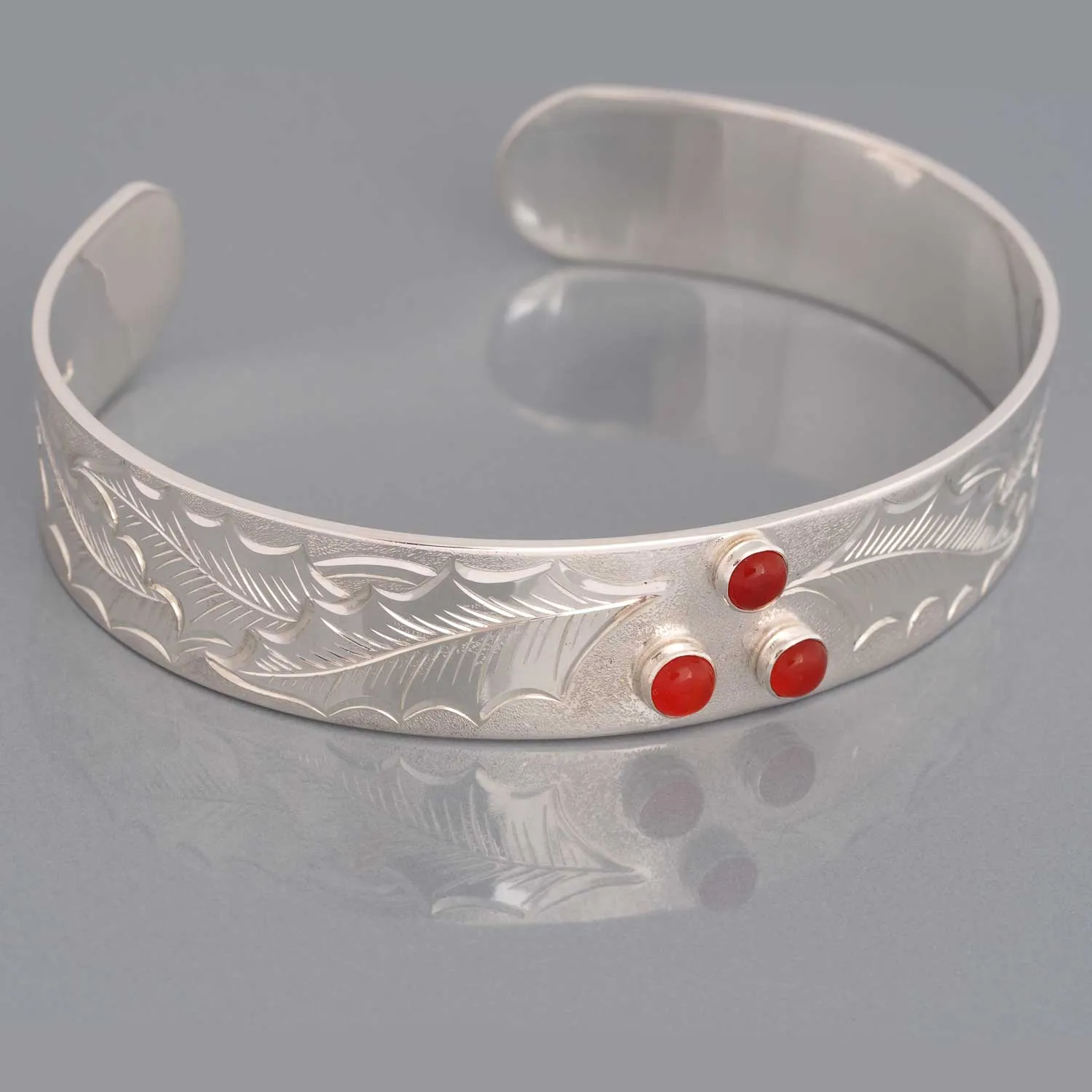 Handmade Solid Sterling Silver Holly Leaf Cornelian Cuff Bracelet