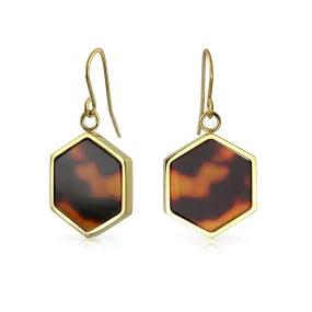 Hexagon Brown Tortoise Drop Earrings Gold Plated Stainless Steel