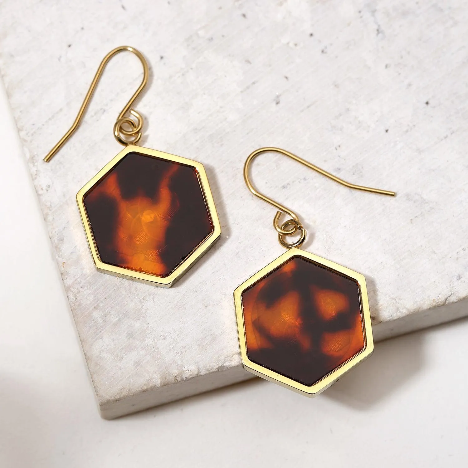 Hexagon Brown Tortoise Drop Earrings Gold Plated Stainless Steel