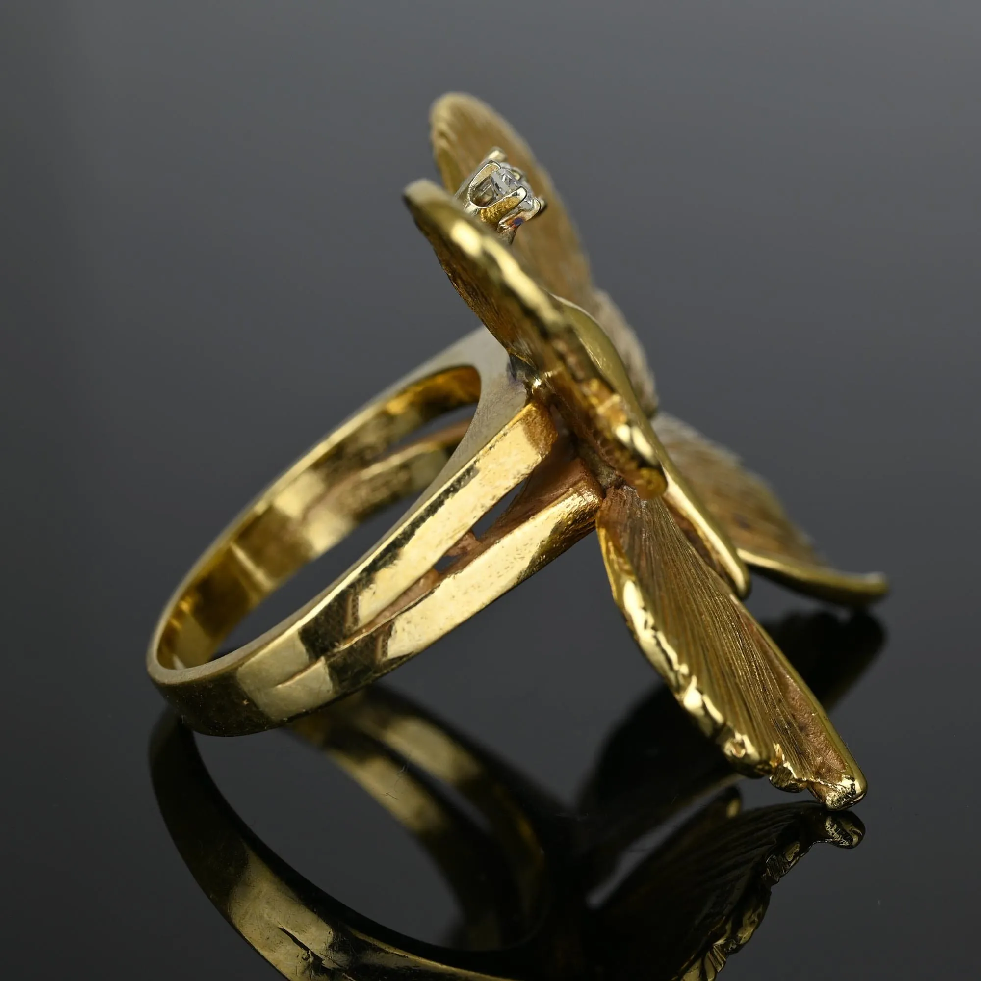 Impressive Diamond Textured 14K Gold Butterfly Ring