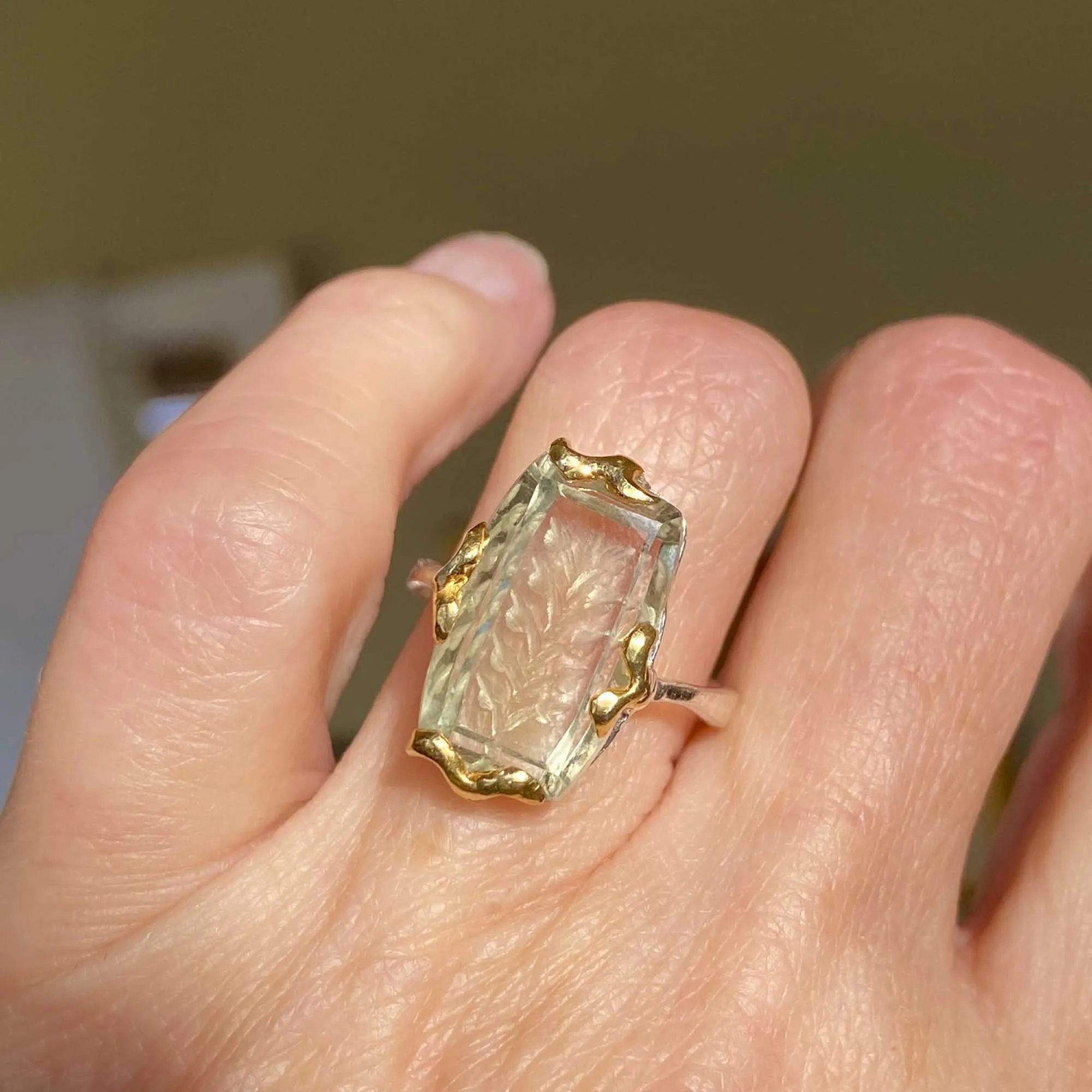 Intaglio Green Amethyst Ring in Gold Sterling Silver