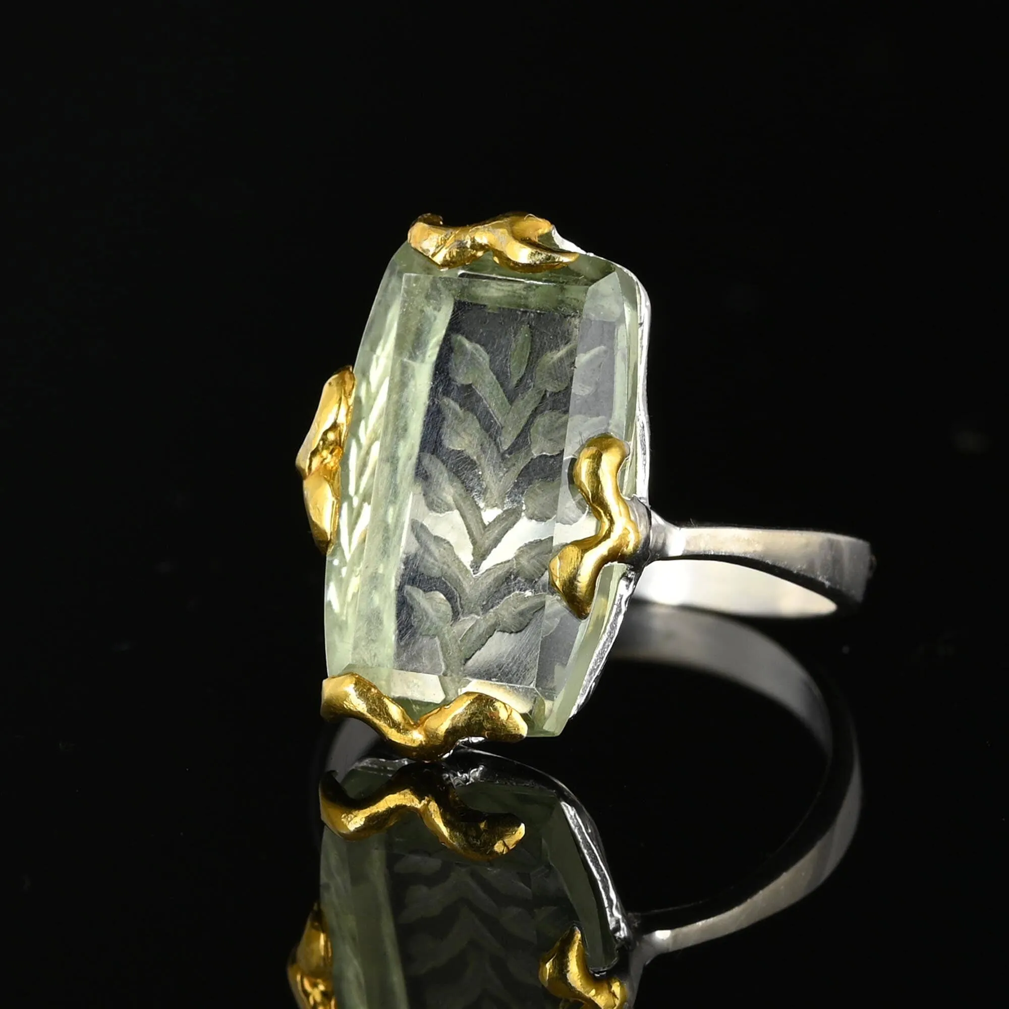 Intaglio Green Amethyst Ring in Gold Sterling Silver