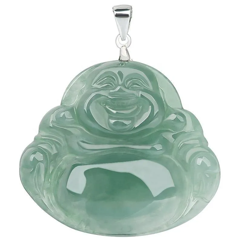 Jade necklace S925 Silver inlaid Laughing Buddha Pendant Smiling Green Jadeite Buddha necklace head Certified Grade A Burma Gift for Women