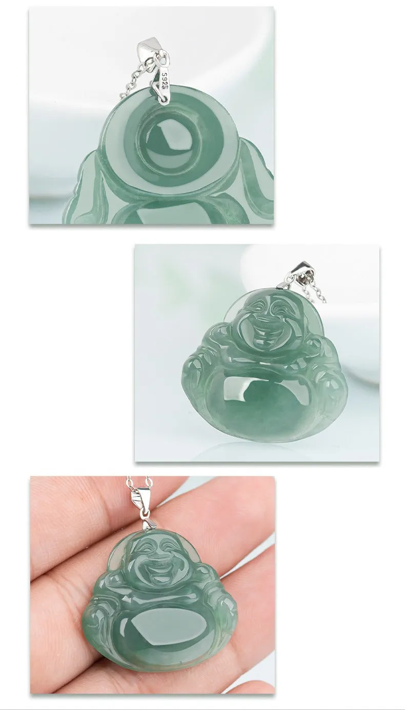 Jade necklace S925 Silver inlaid Laughing Buddha Pendant Smiling Green Jadeite Buddha necklace head Certified Grade A Burma Gift for Women