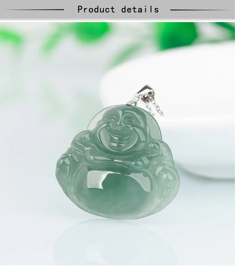 Jade necklace S925 Silver inlaid Laughing Buddha Pendant Smiling Green Jadeite Buddha necklace head Certified Grade A Burma Gift for Women