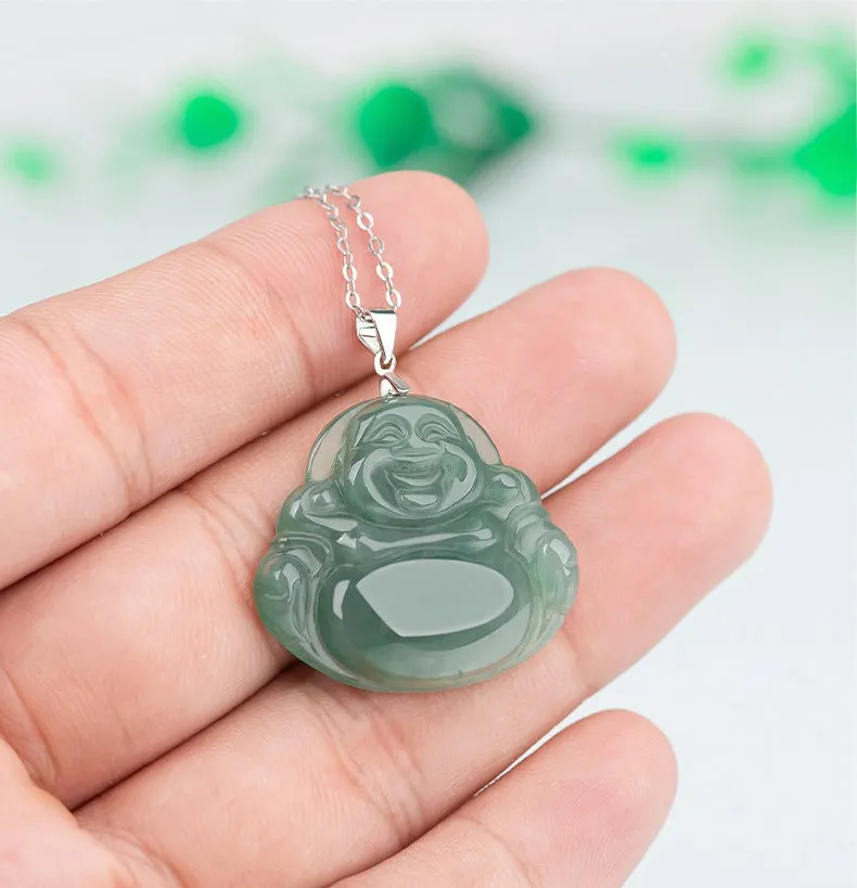 Jade necklace S925 Silver inlaid Laughing Buddha Pendant Smiling Green Jadeite Buddha necklace head Certified Grade A Burma Gift for Women