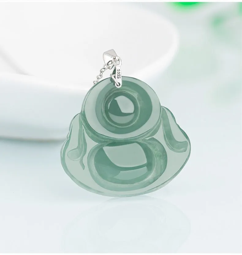 Jade necklace S925 Silver inlaid Laughing Buddha Pendant Smiling Green Jadeite Buddha necklace head Certified Grade A Burma Gift for Women