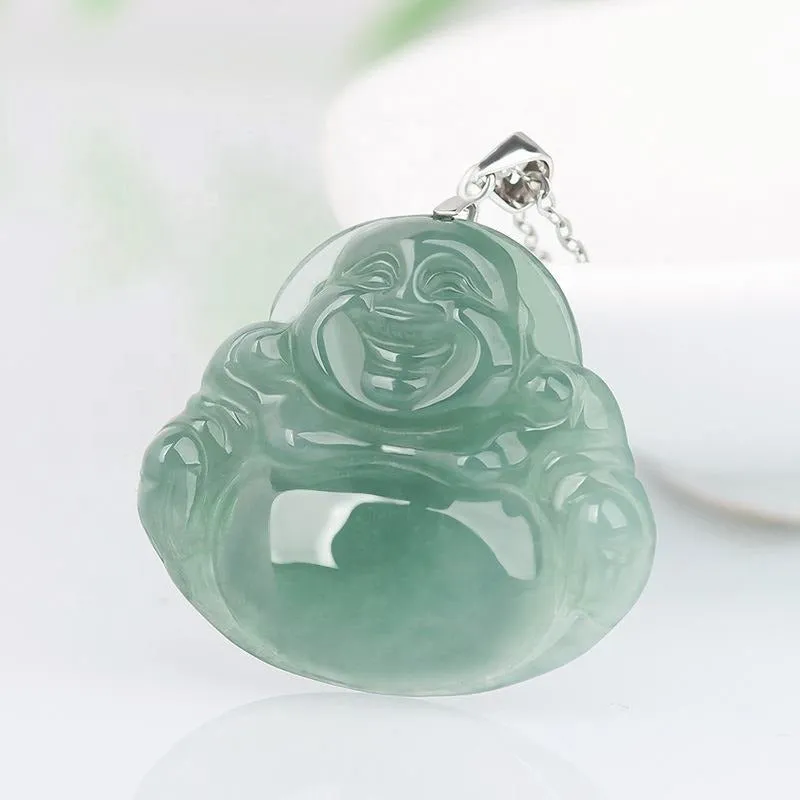 Jade necklace S925 Silver inlaid Laughing Buddha Pendant Smiling Green Jadeite Buddha necklace head Certified Grade A Burma Gift for Women