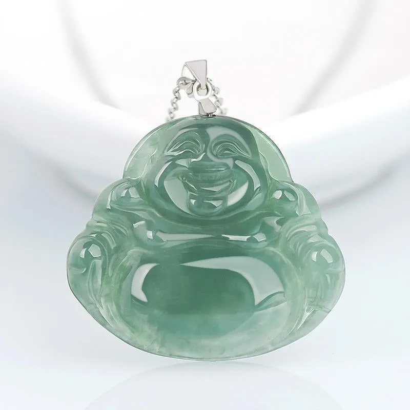 Jade necklace S925 Silver inlaid Laughing Buddha Pendant Smiling Green Jadeite Buddha necklace head Certified Grade A Burma Gift for Women