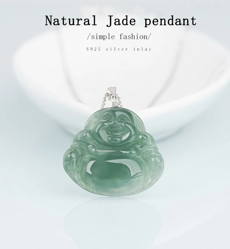 Jade necklace S925 Silver inlaid Laughing Buddha Pendant Smiling Green Jadeite Buddha necklace head Certified Grade A Burma Gift for Women