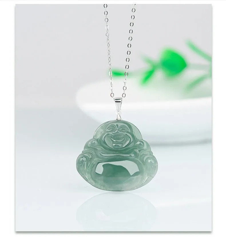 Jade necklace S925 Silver inlaid Laughing Buddha Pendant Smiling Green Jadeite Buddha necklace head Certified Grade A Burma Gift for Women