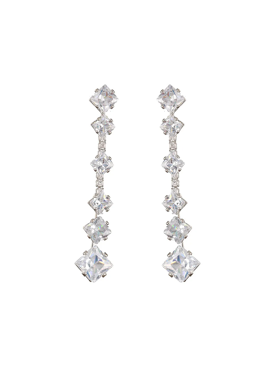 JAZZ AND SIZZLE Silver-Toned Rhodium-Plated CZ Studded Contemporary Drop Earrings