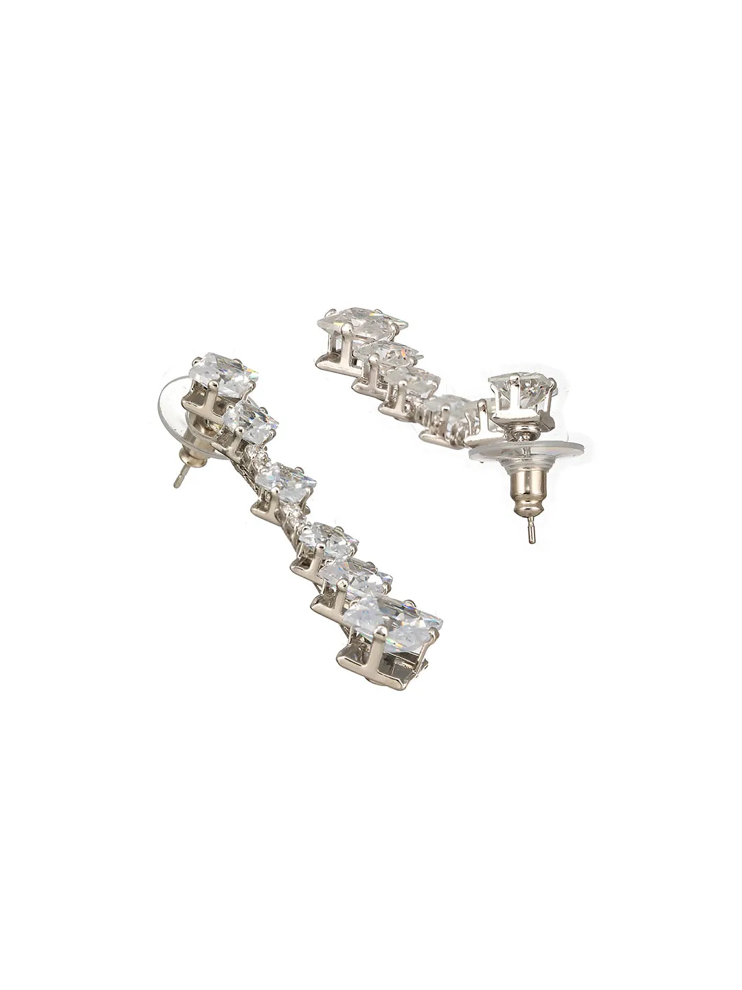 JAZZ AND SIZZLE Silver-Toned Rhodium-Plated CZ Studded Contemporary Drop Earrings