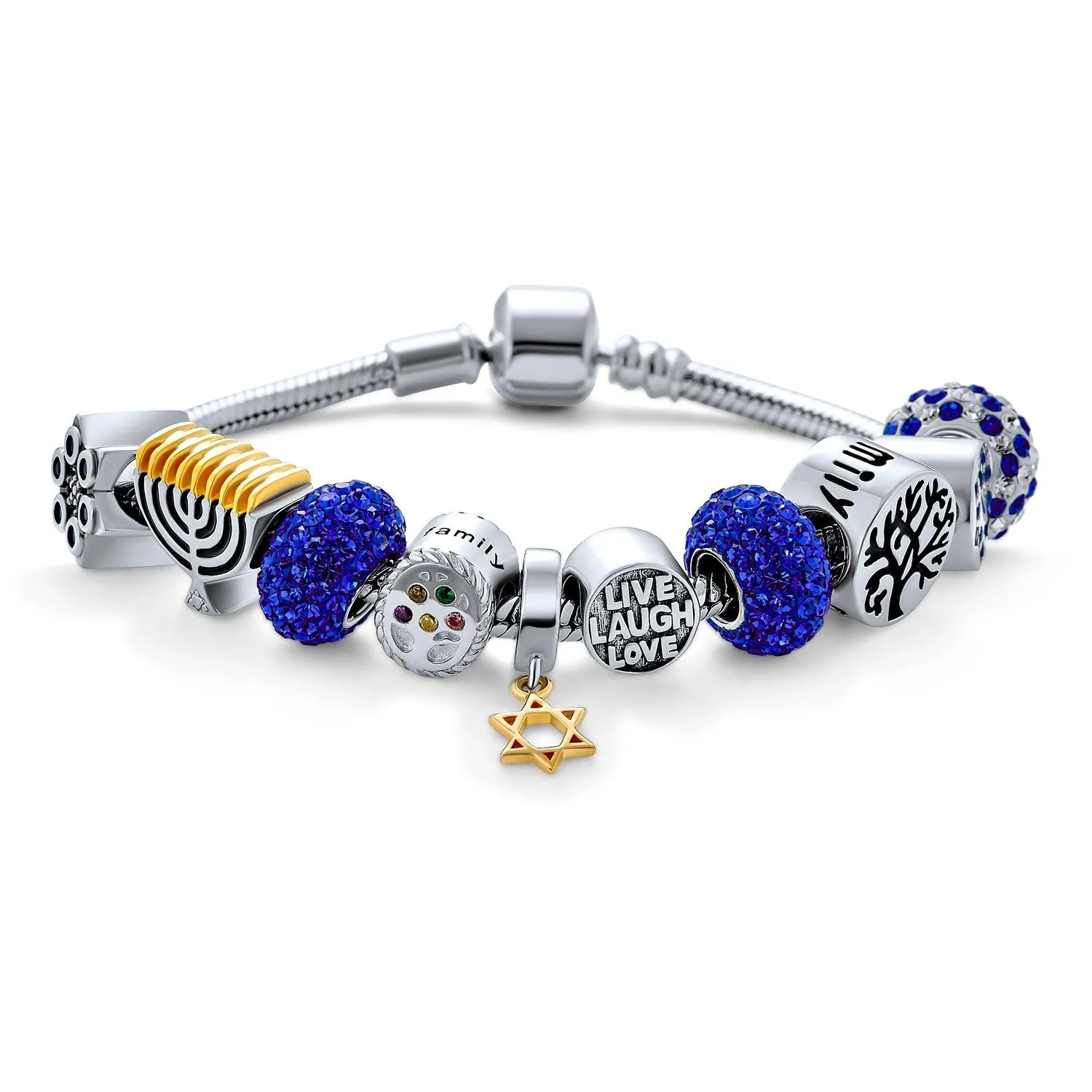 Judaic Star Of David Fine European Multi Hanukkah Charms Bead Bracelet