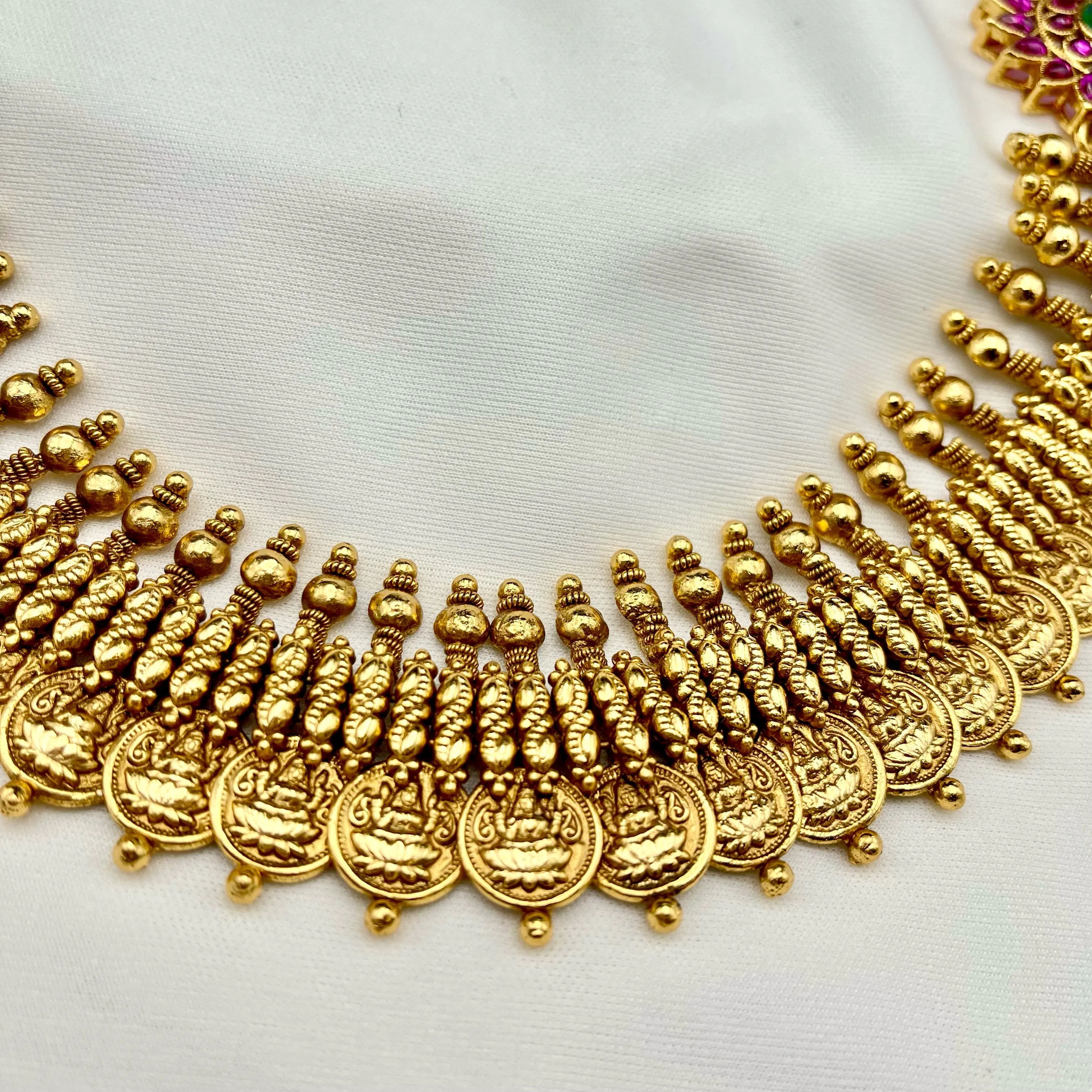 Lakshmi coin Antique Gold Real Kemp Necklace Temple Jewelry set with Jhumka