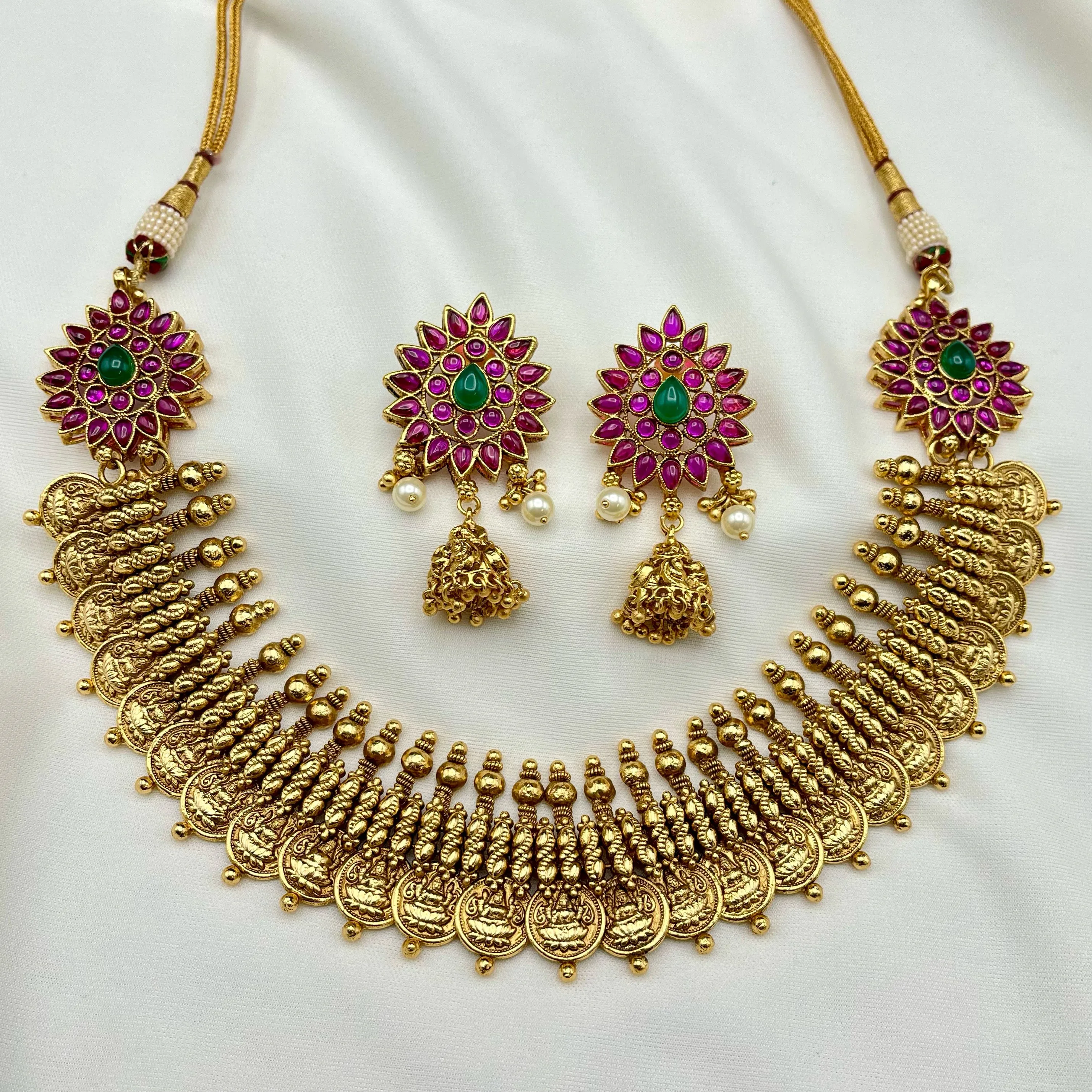 Lakshmi coin Antique Gold Real Kemp Necklace Temple Jewelry set with Jhumka