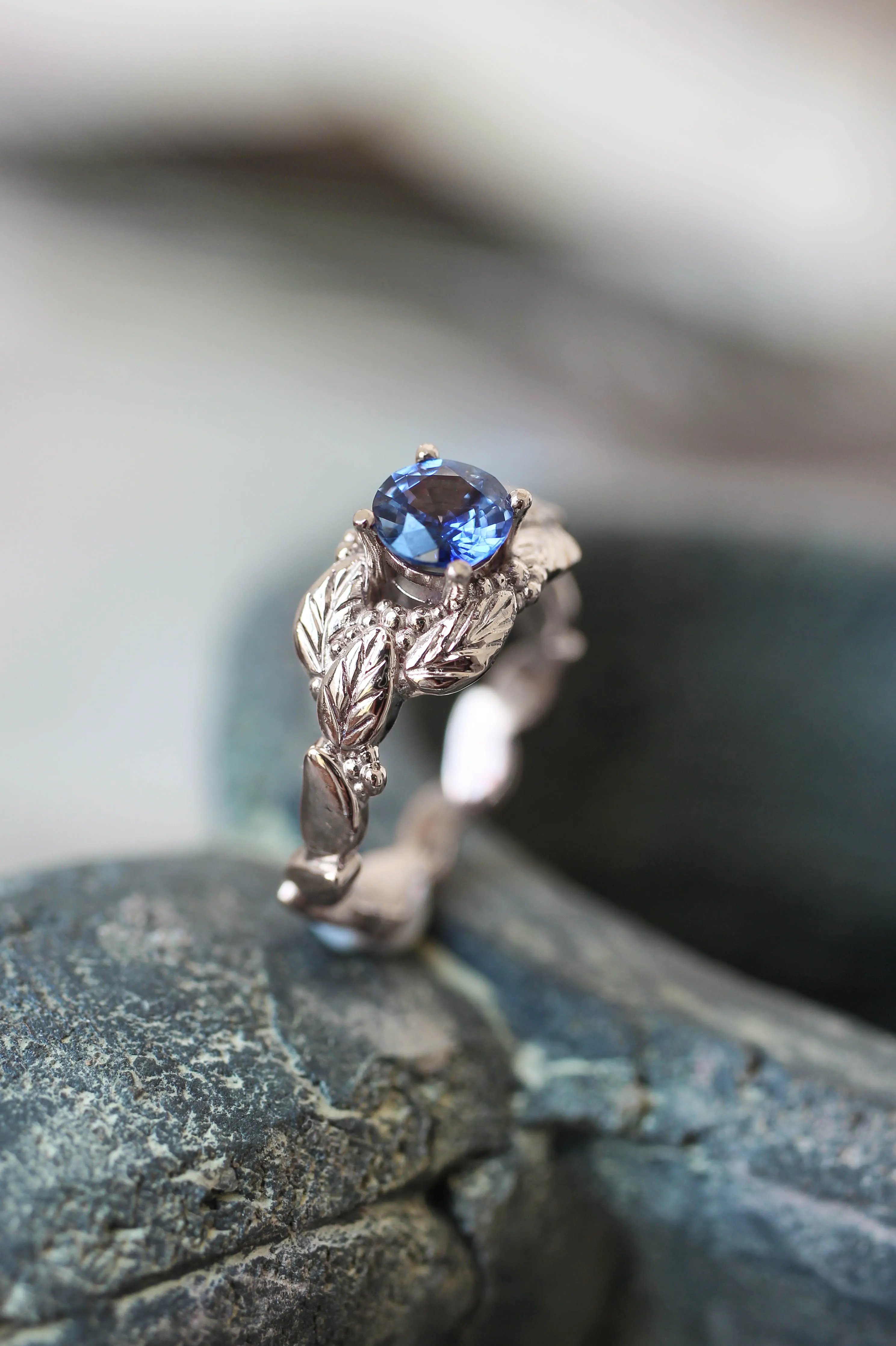 Leaves and grains ring, sapphire engagement ring