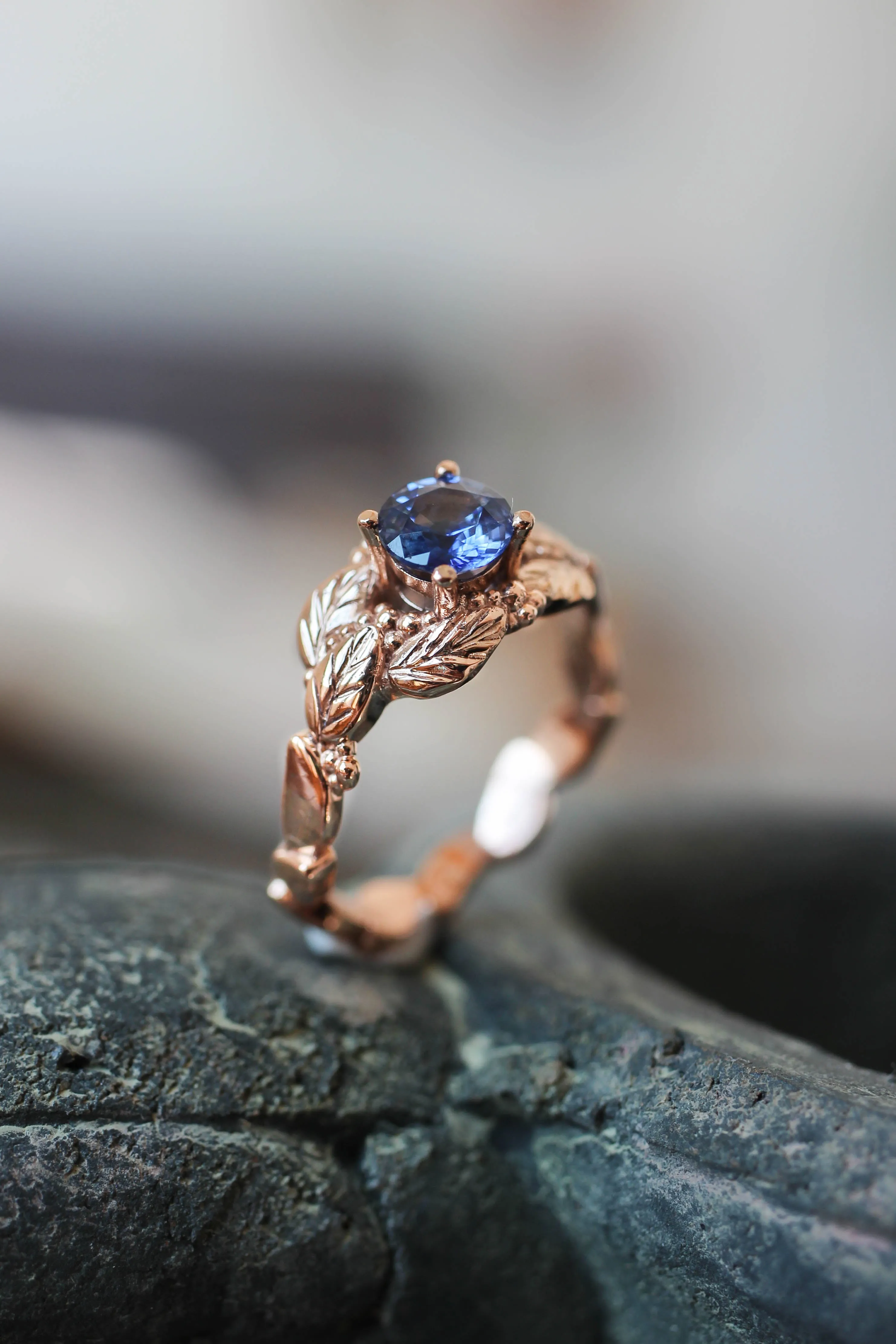 Leaves and grains ring, sapphire engagement ring