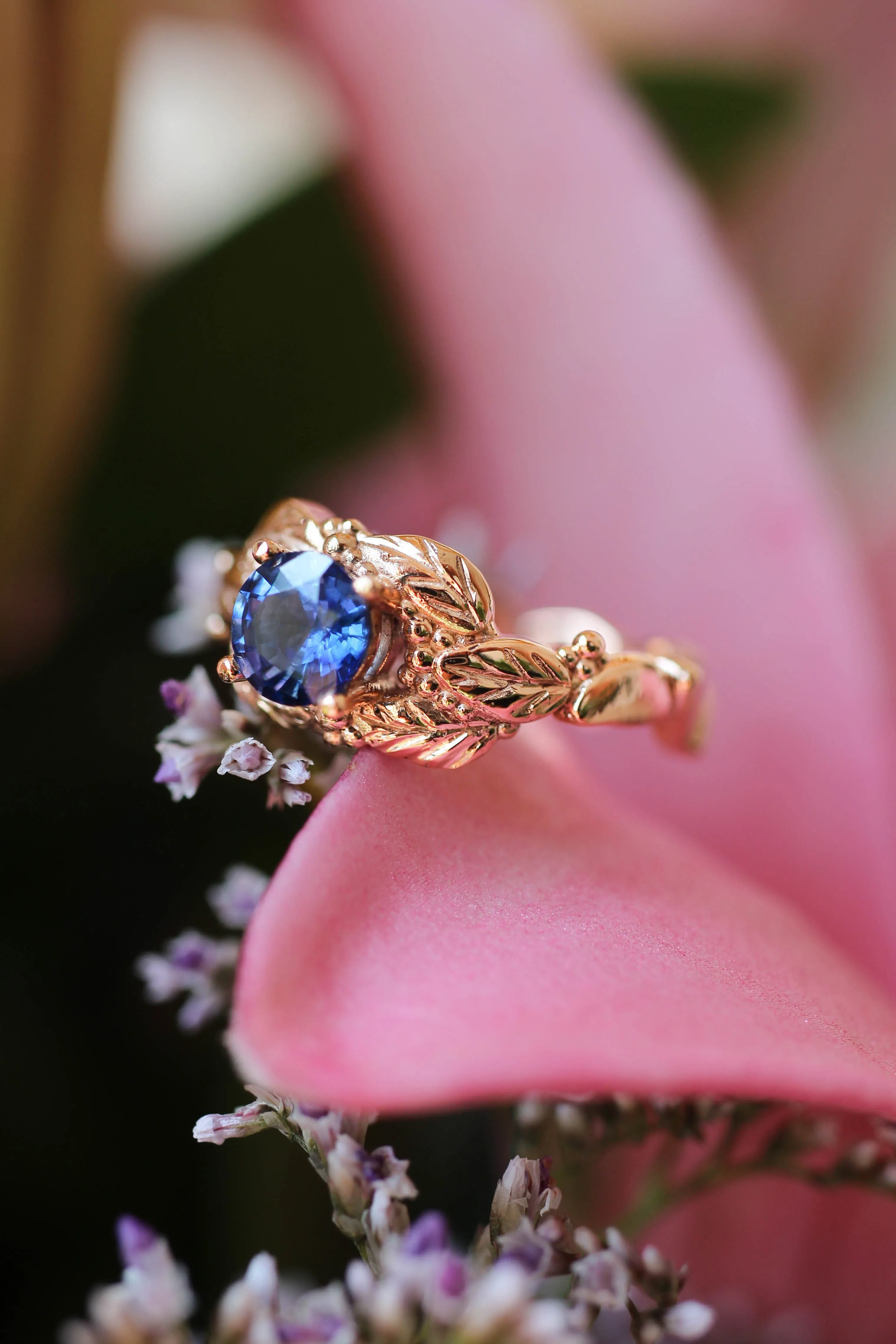 Leaves and grains ring, sapphire engagement ring