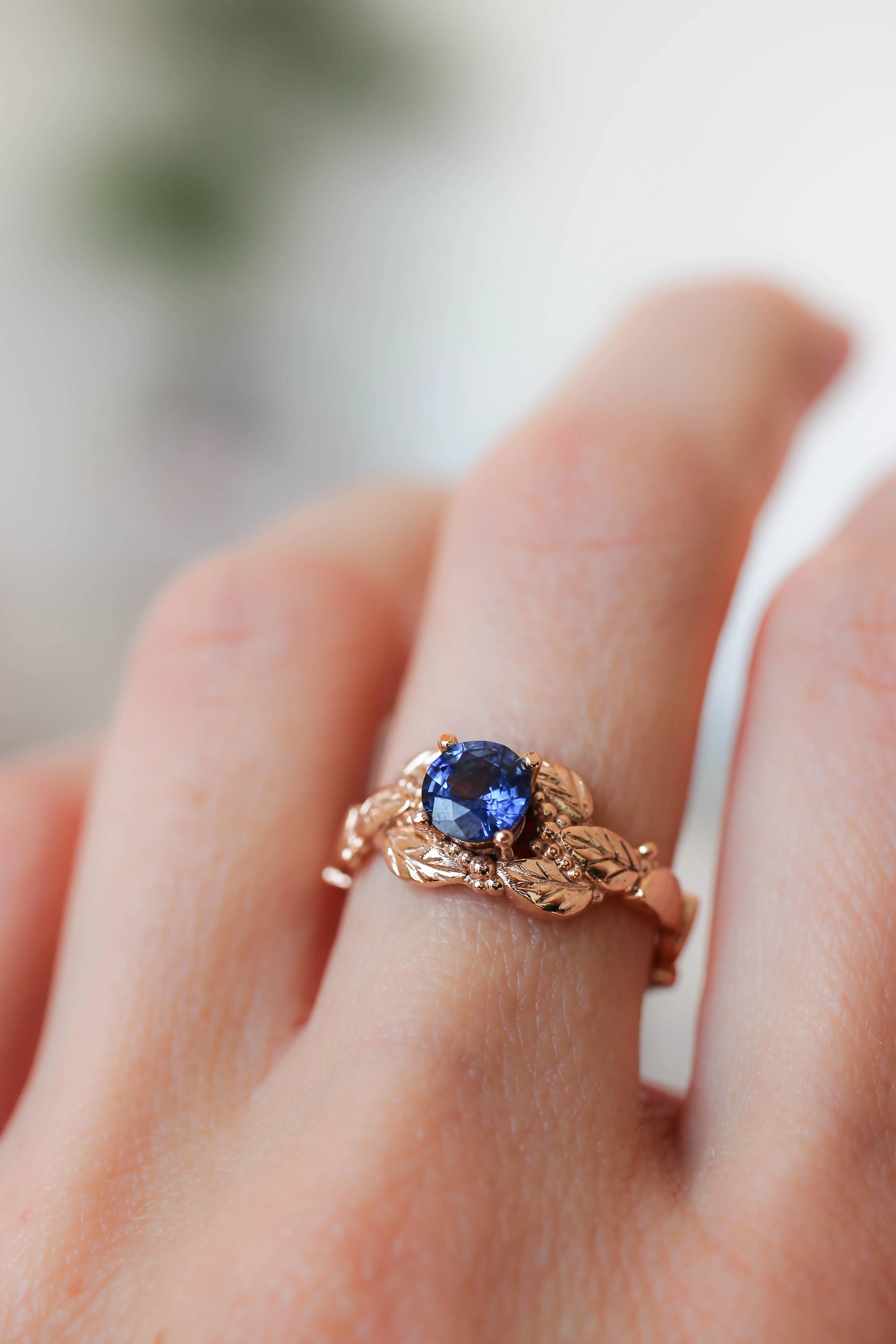 Leaves and grains ring, sapphire engagement ring