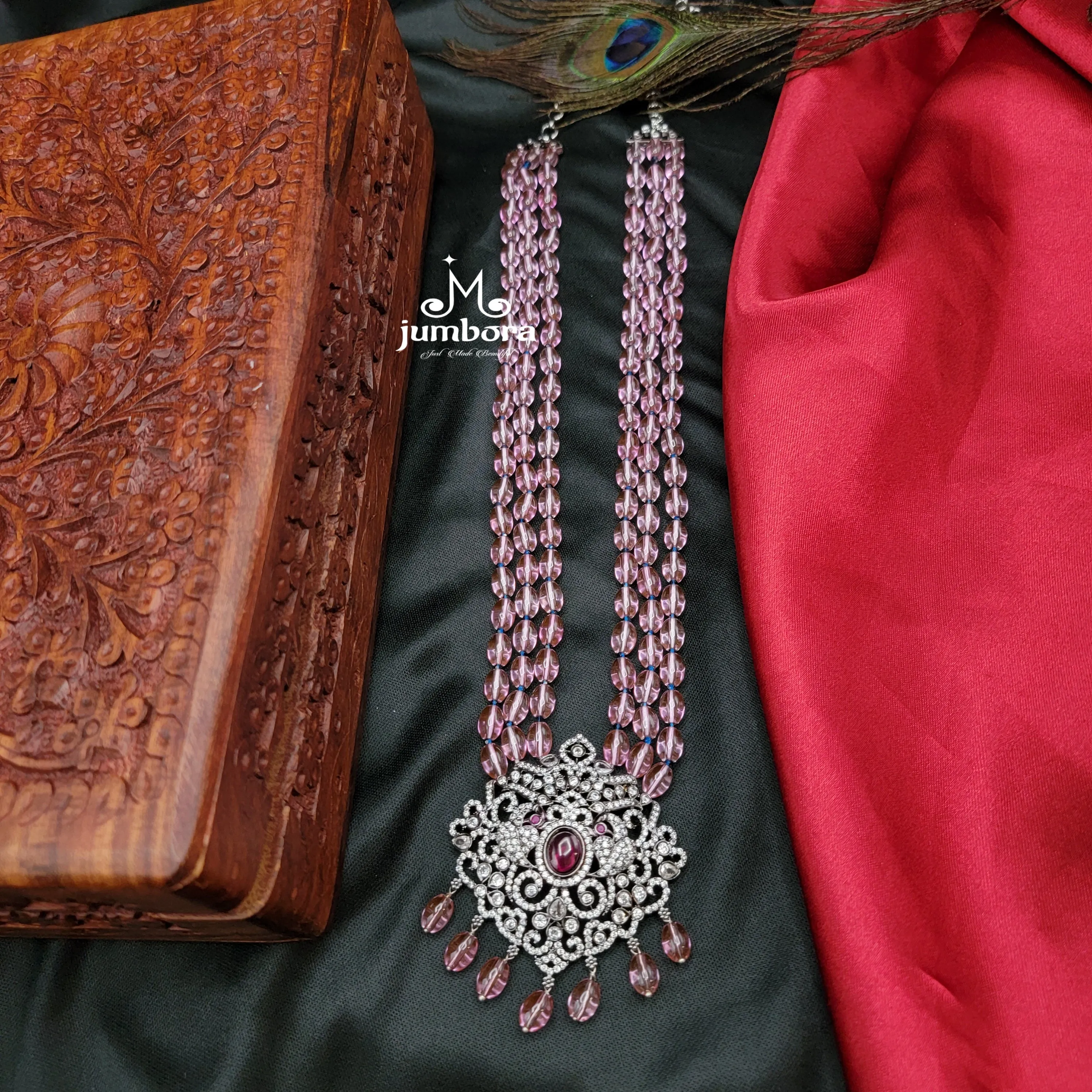 Long Victorian AD Zircon Pendant Pink Monalisa Beads Necklace Set