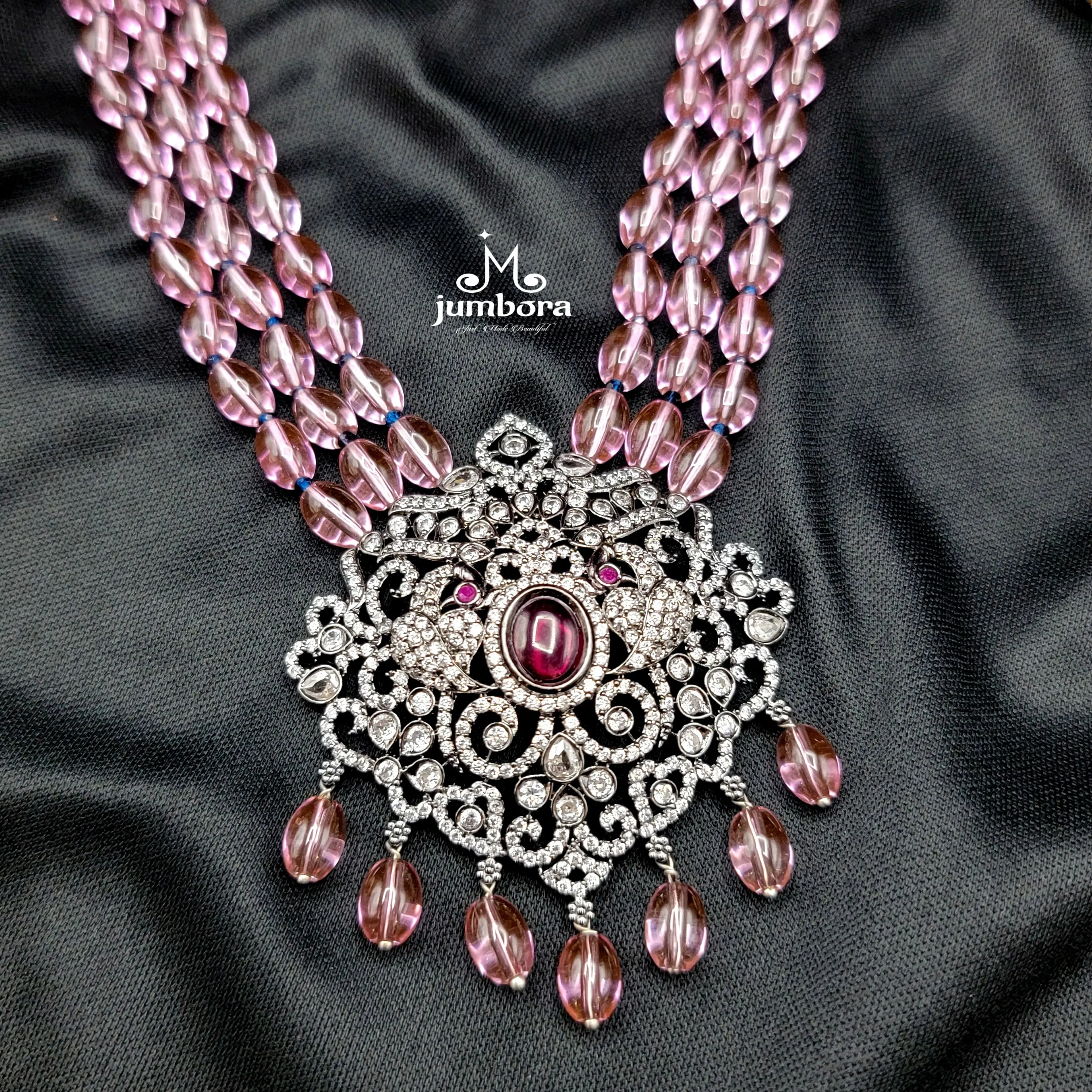 Long Victorian AD Zircon Pendant Pink Monalisa Beads Necklace Set