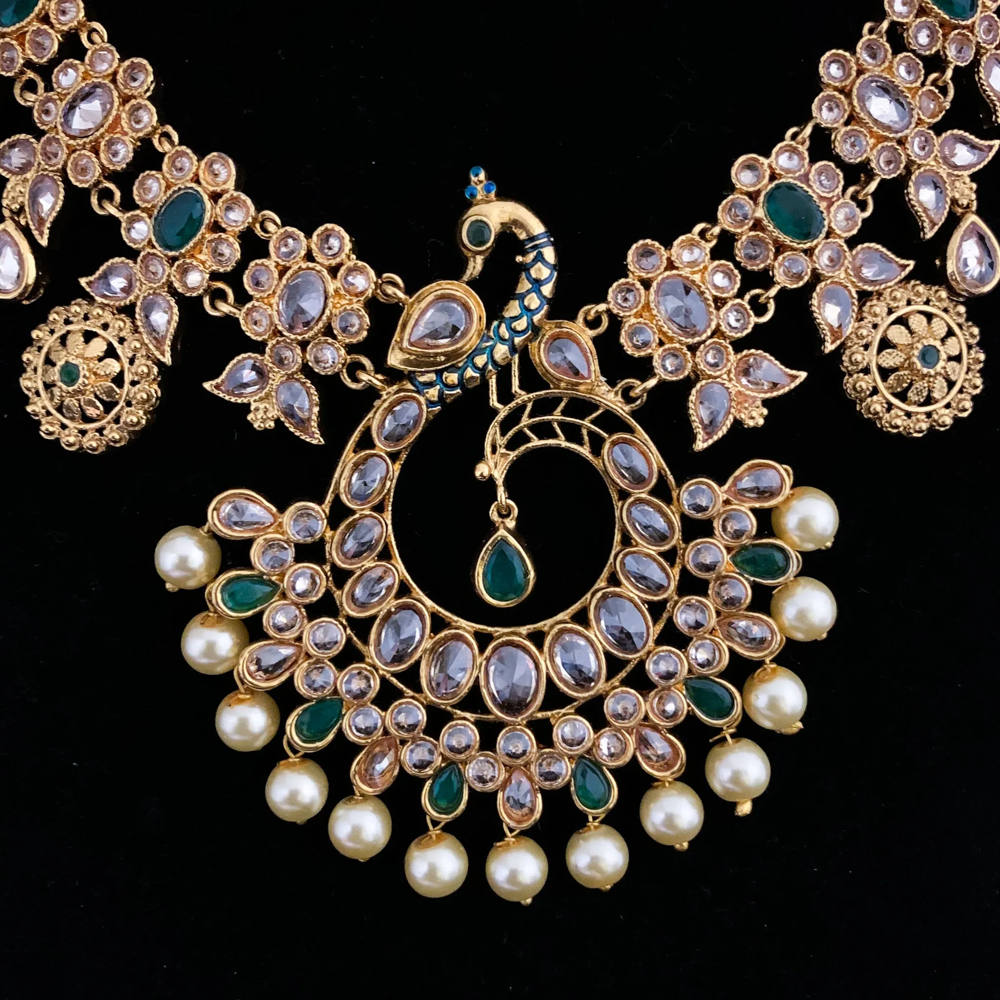 Magnificient Peacock Antique Gold Necklace Set with LCD stones and jhumka