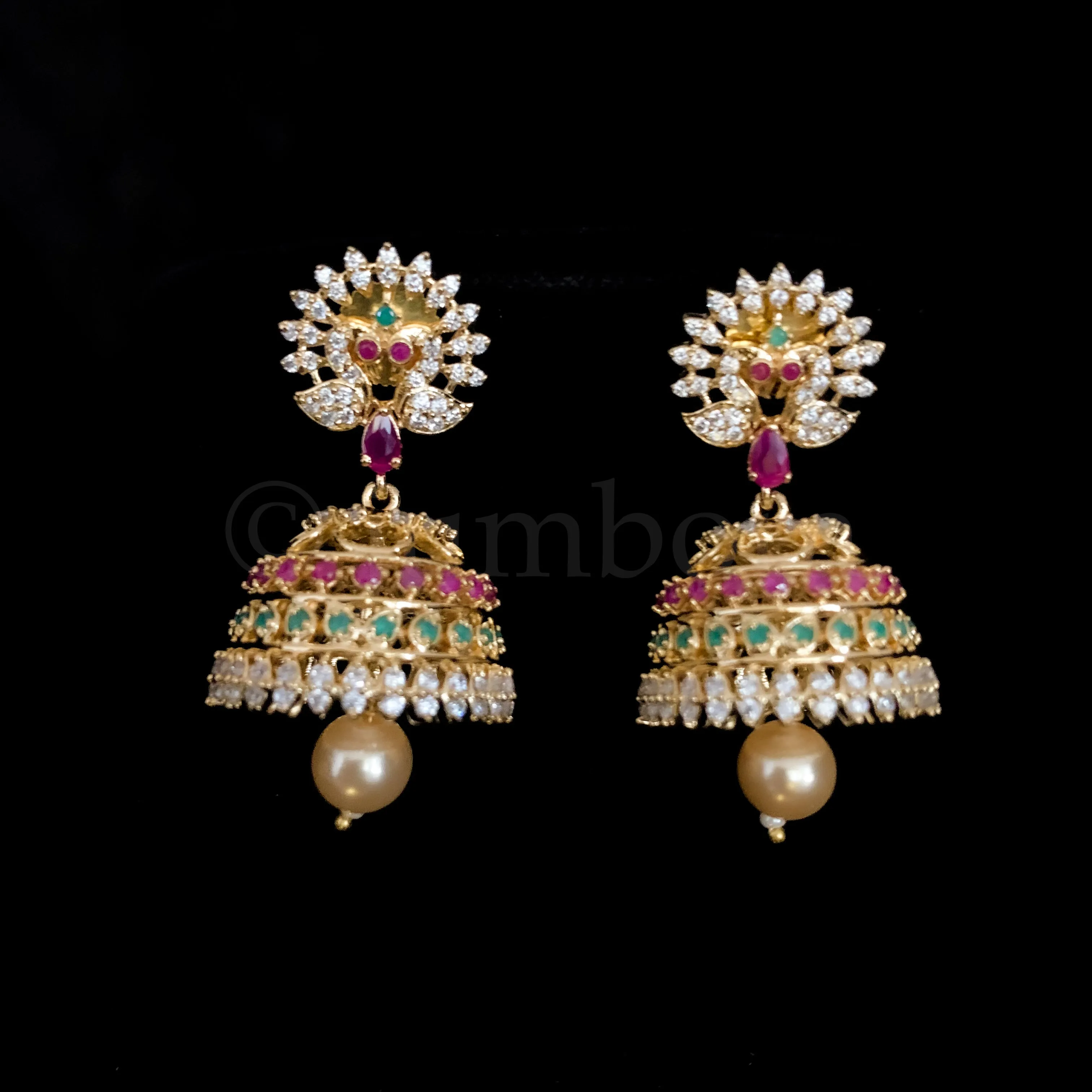 Mango and Peacock Designer Long Zircon (CZ) Stone Haaram set with Jhumka