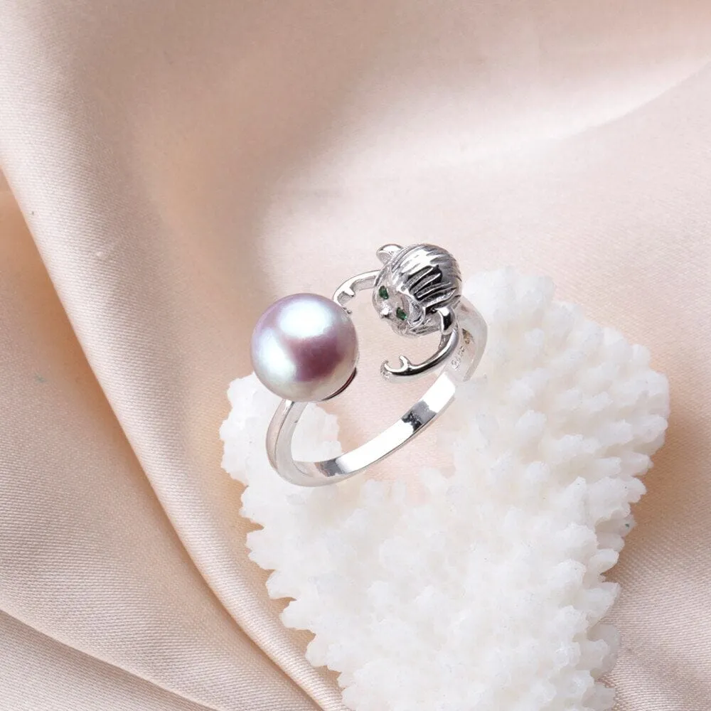 Monkey Hugging Pearl Silver Resizable Ring