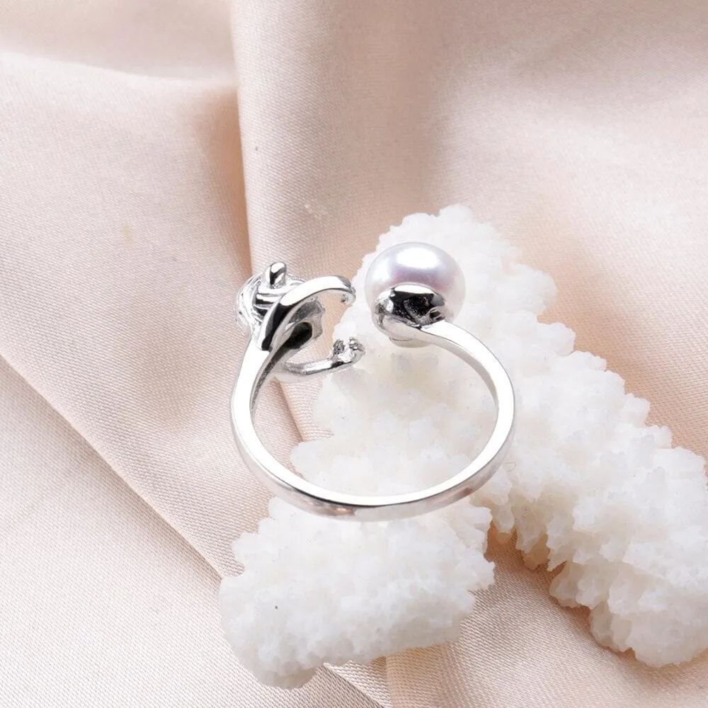 Monkey Hugging Pearl Silver Resizable Ring