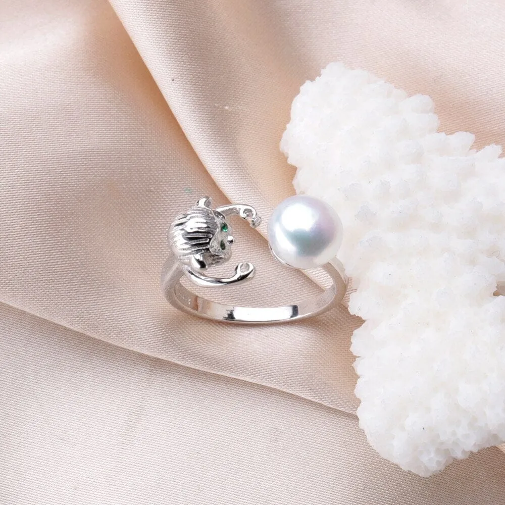 Monkey Hugging Pearl Silver Resizable Ring