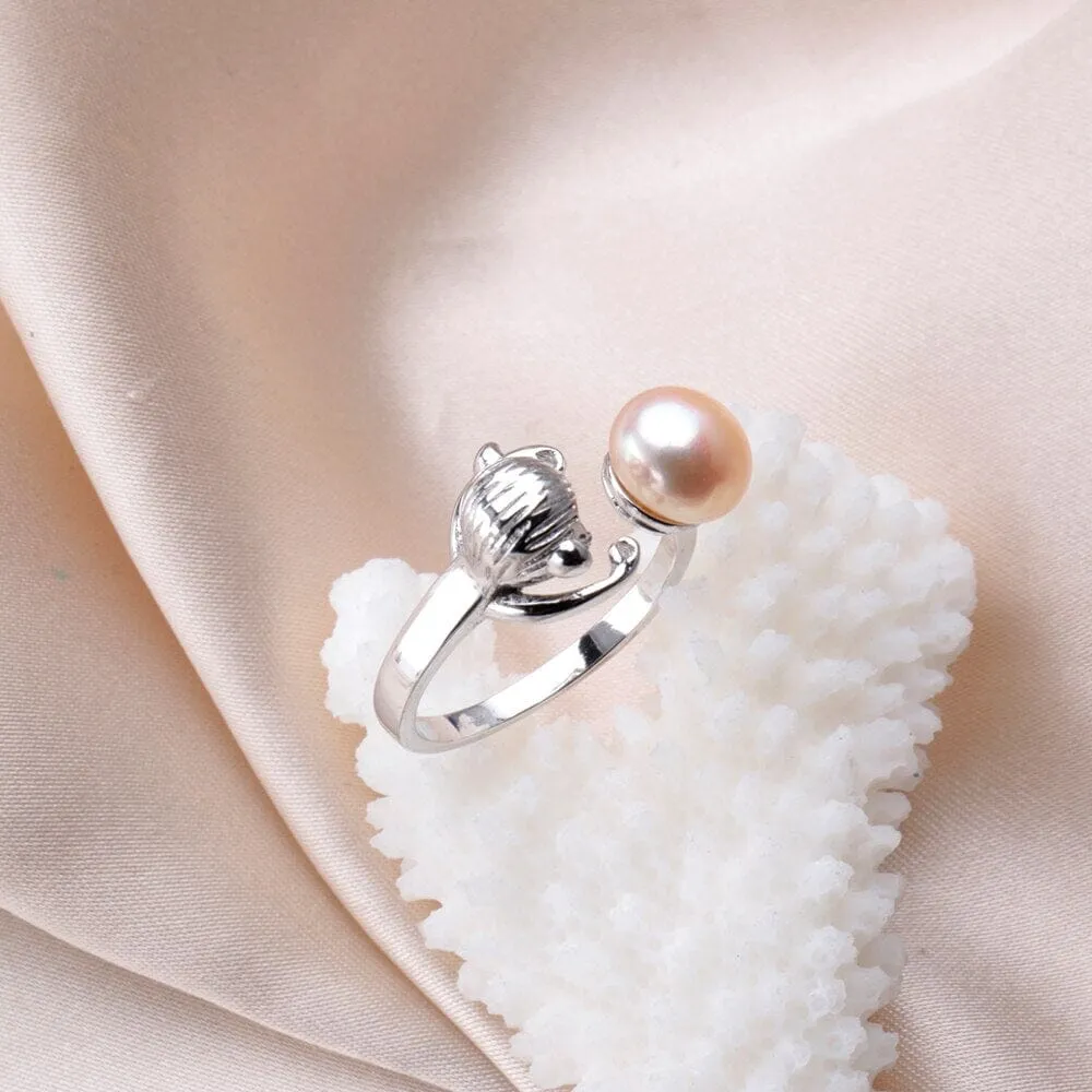 Monkey Hugging Pearl Silver Resizable Ring