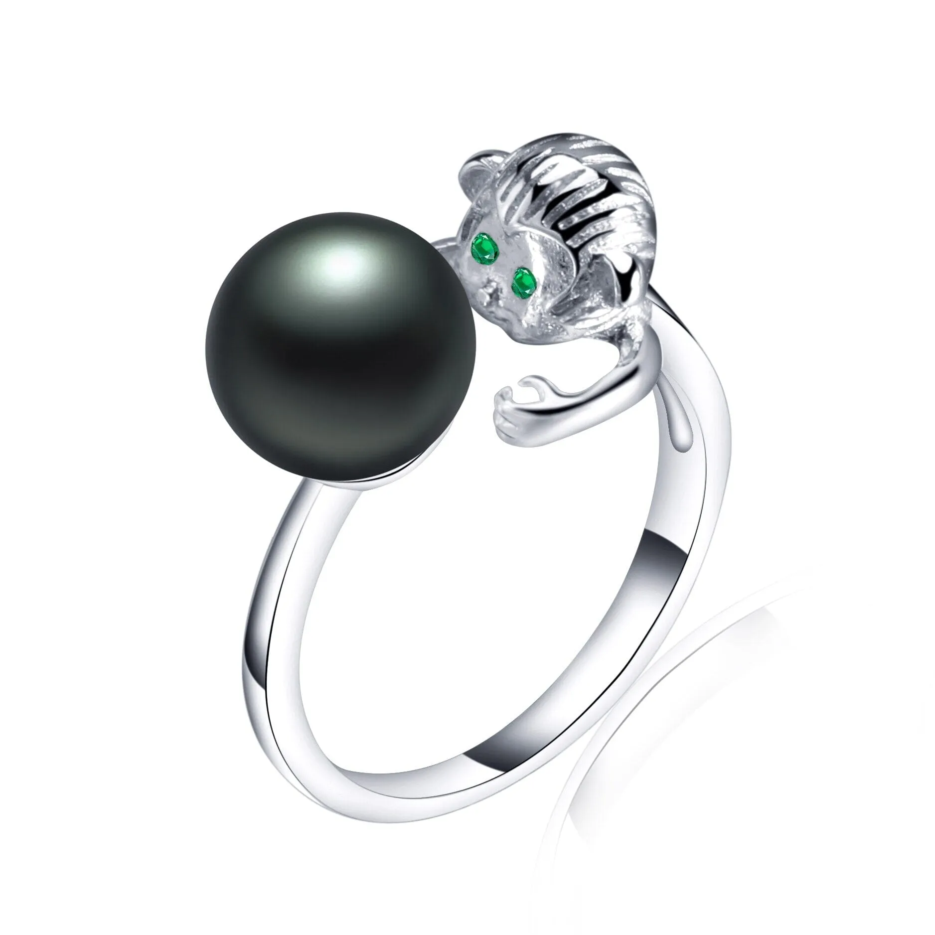 Monkey Hugging Pearl Silver Resizable Ring