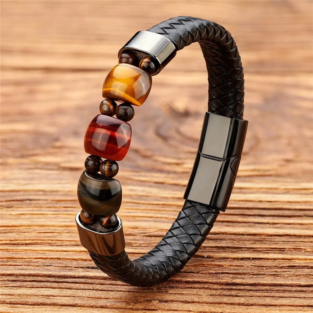 Natural Tiger Eye Stone Chakra Charm Stainless Steel Men's Genuine Leather Bracelet