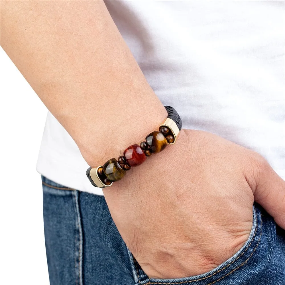 Natural Tiger Eye Stone Chakra Charm Stainless Steel Men's Genuine Leather Bracelet