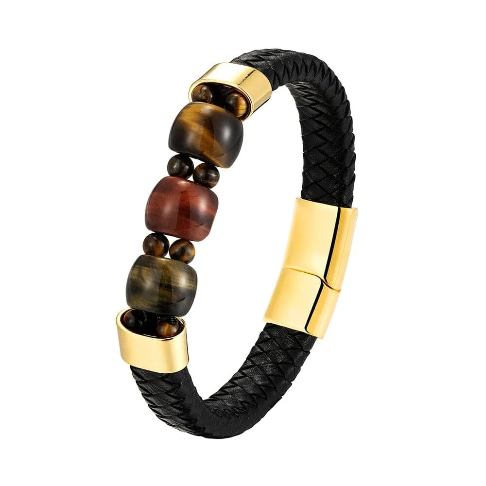 Natural Tiger Eye Stone Chakra Charm Stainless Steel Men's Genuine Leather Bracelet