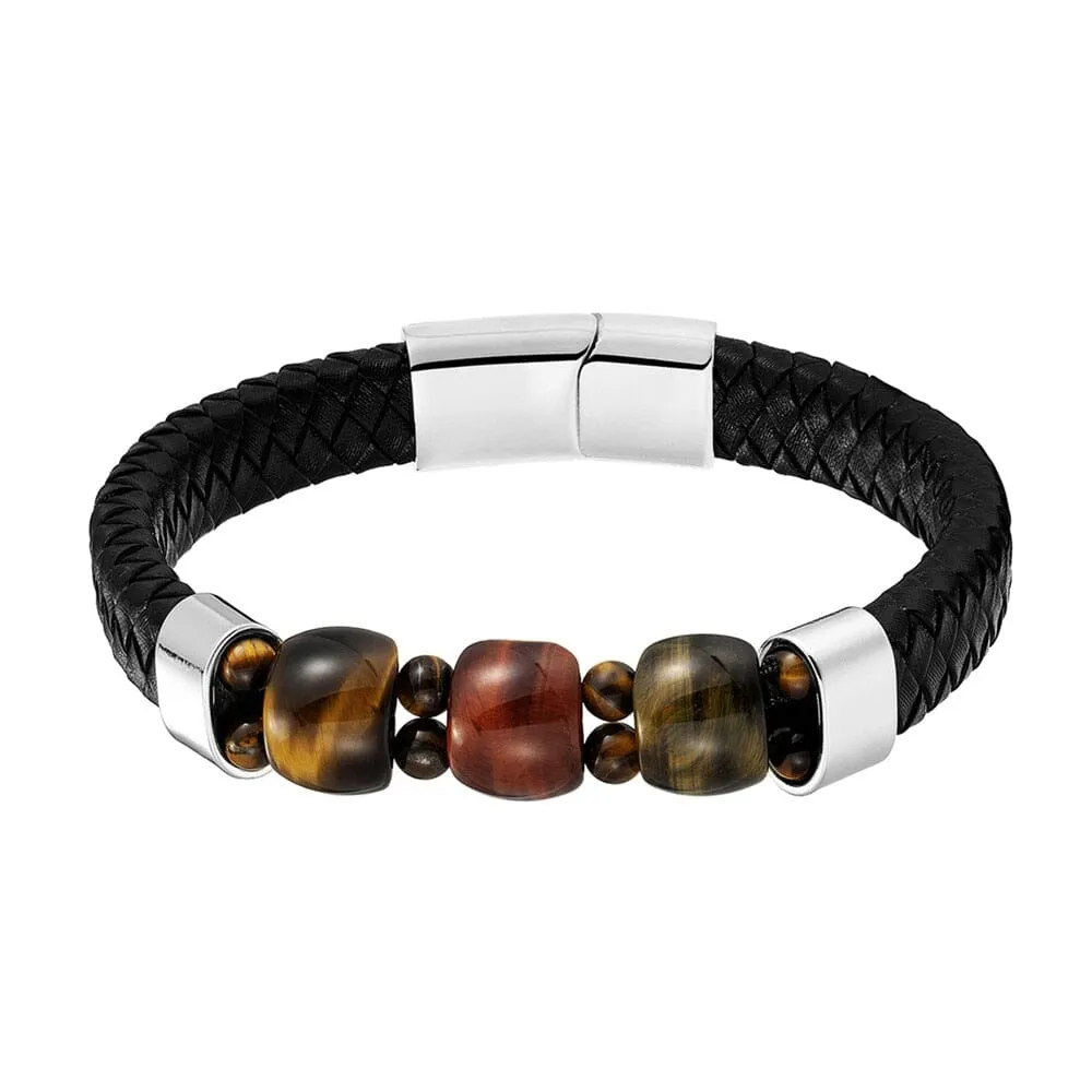 Natural Tiger Eye Stone Chakra Charm Stainless Steel Men's Genuine Leather Bracelet