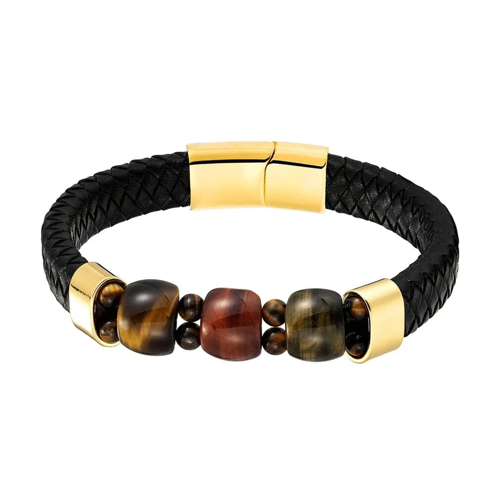 Natural Tiger Eye Stone Chakra Charm Stainless Steel Men's Genuine Leather Bracelet