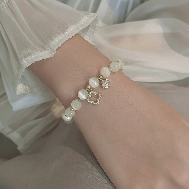 Natural White Opal Stone Pearl  Crystal Bracelet