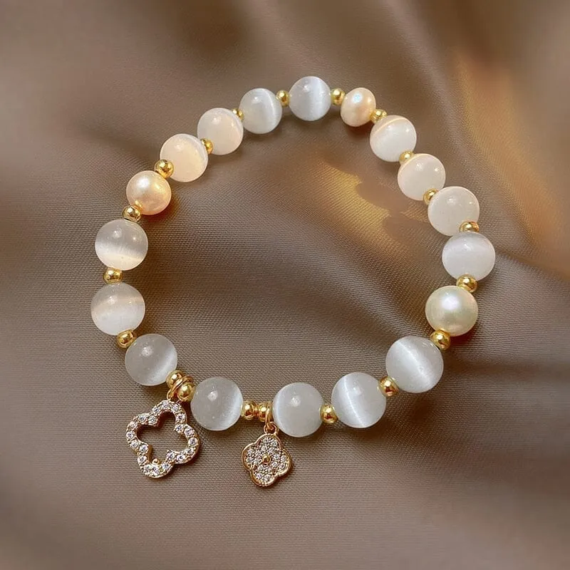 Natural White Opal Stone Pearl  Crystal Bracelet