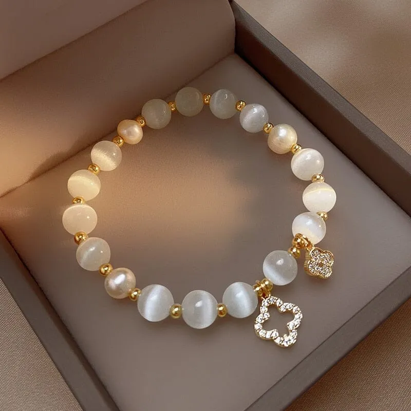 Natural White Opal Stone Pearl  Crystal Bracelet