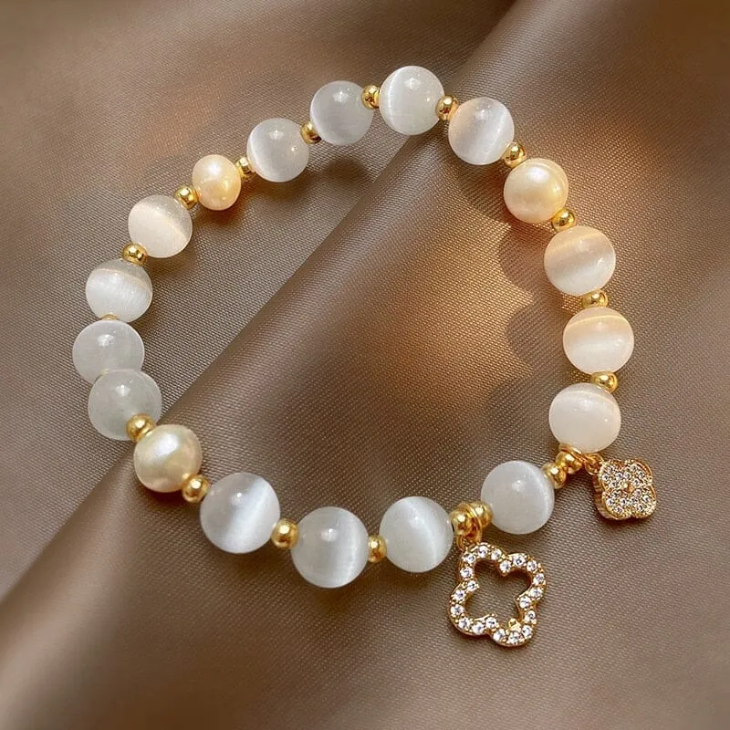 Natural White Opal Stone Pearl  Crystal Bracelet