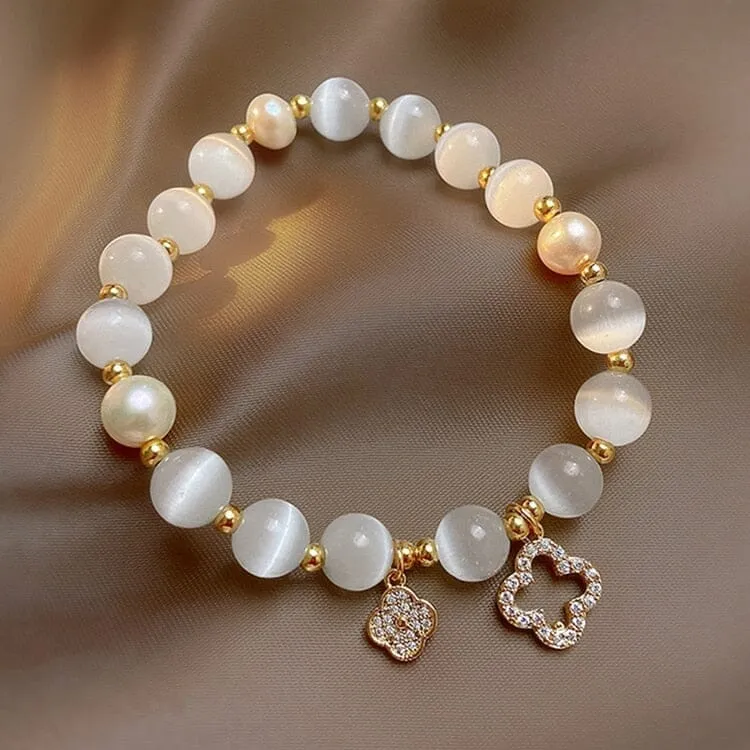 Natural White Opal Stone Pearl  Crystal Bracelet