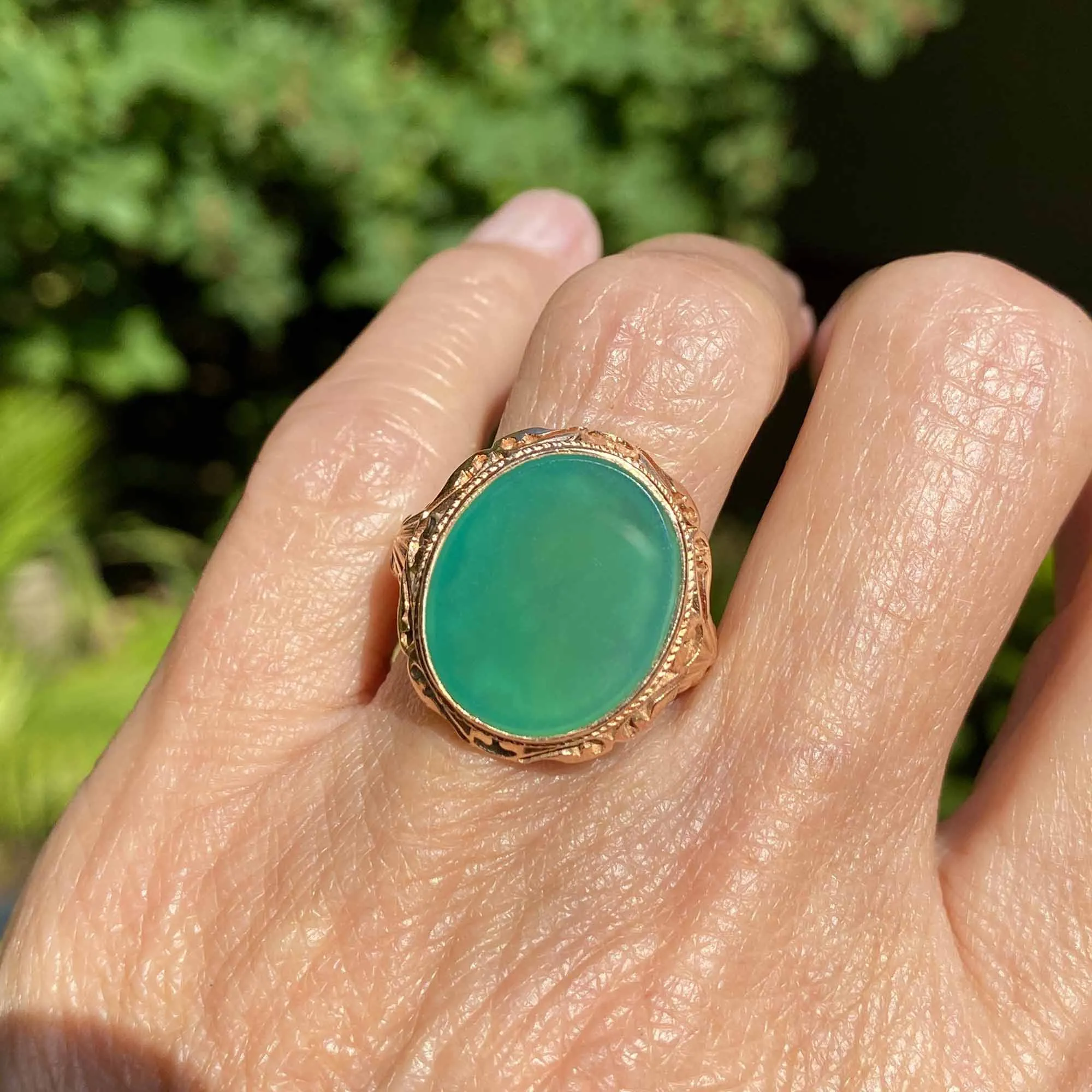 ON HOLD Bold 14K Gold Cabochon Green Chrysoprase Ring