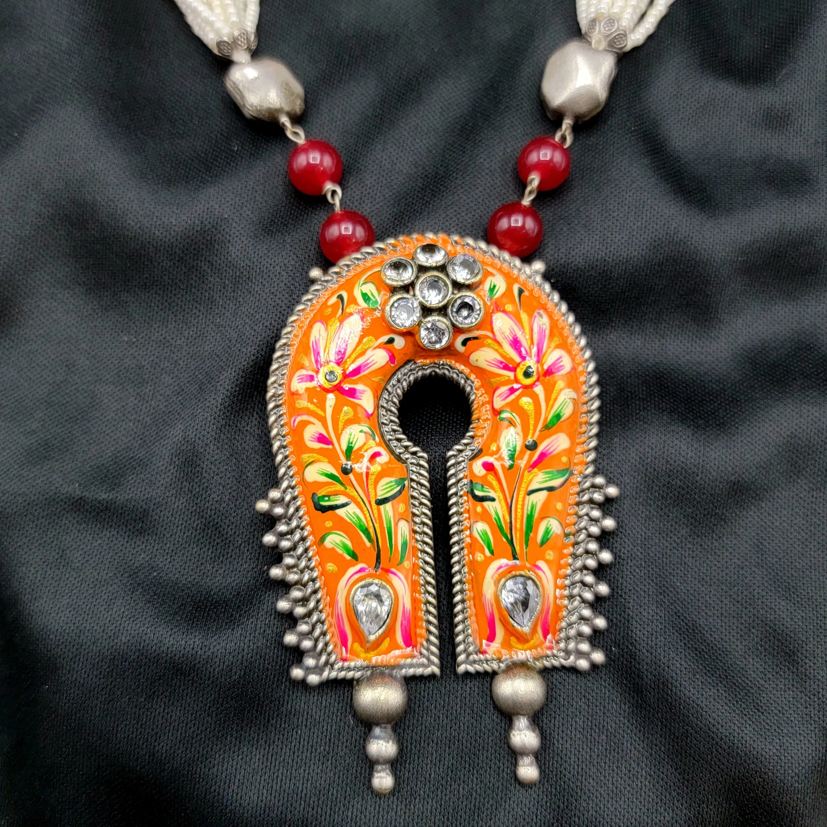 Orange Handpainted Meenakari Oxidized German Silver Pearl Necklace Set